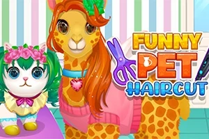 Barevný obrázek dvou stylizovaných zvířat s výraznými účesy a nápisem Funny Pet Haircut na barevném pruhovaném pozadí