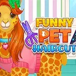 Barevný obrázek dvou stylizovaných zvířat s výraznými účesy a nápisem Funny Pet Haircut na barevném pruhovaném pozadí