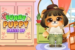 Roztomilý kreslený pejsek ve stylovém oblečení stojí v pokoji vedle skříně s nápisem Funny Puppy Dress Up
