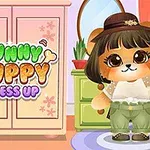 Roztomilý kreslený pejsek ve stylovém oblečení stojí v pokoji vedle skříně s nápisem Funny Puppy Dress Up