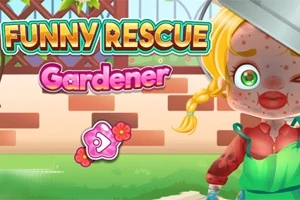 Ilustrace dívky s copánky a zeleným oblečením na zahradě s textem Funny Rescue Gardener
