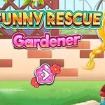 Ilustrace dívky s copánky a zeleným oblečením na zahradě s textem Funny Rescue Gardener