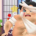 Kreslená postava s obvazy a zraněními na těle, zasazena do interiéru s japonskými prvky