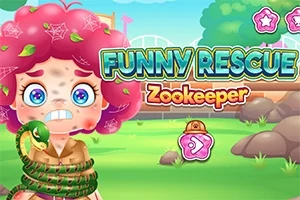 Záchranář s vystrašeným výrazem, obtočený hadem, stojí na travnatém pozadí s nápisem Funny Rescue Zookeeper