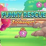 Záchranář s vystrašeným výrazem, obtočený hadem, stojí na travnatém pozadí s nápisem Funny Rescue Zookeeper