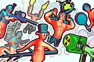 Barevná ilustrace různorodých postav s komickými výrazy a zbraněmi, včetně muže s kloboukem a dalšího s jelením parožím