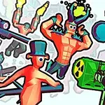 Barevná ilustrace různorodých postav s komickými výrazy a zbraněmi, včetně muže s kloboukem a dalšího s jelením parožím