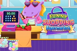Kreslený hroch s růžovými brýlemi obsluhuje pokladnu v supermarketu s nápisem Funny Shopping Supermarket