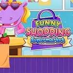 Kreslený hroch s růžovými brýlemi obsluhuje pokladnu v supermarketu s nápisem Funny Shopping Supermarket