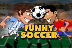 Dva kreslení fotbalisté s hlavami u sebe, mezi nimi je fotbalový míč, v pozadí fotbalové hřiště a nápis Funny Soccer