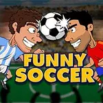 Dva kreslení fotbalisté s hlavami u sebe, mezi nimi je fotbalový míč, v pozadí fotbalové hřiště a nápis Funny Soccer