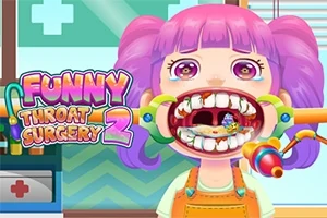 Dívka s růžovými vlasy má otevřená ústa, zatímco lékařské nástroje jsou umístěny kolem její hlavy ve výrazně barevné ilustraci