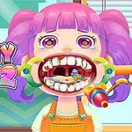 Dívka s růžovými vlasy má otevřená ústa, zatímco lékařské nástroje jsou umístěny kolem její hlavy ve výrazně barevné ilustraci