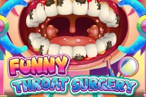 Otevřená ústa s nemocnými mandlemi a zuby s plaku, doplněná nápisem Funny Throat Surgery