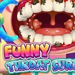 Otevřená ústa s nemocnými mandlemi a zuby s plaku, doplněná nápisem Funny Throat Surgery