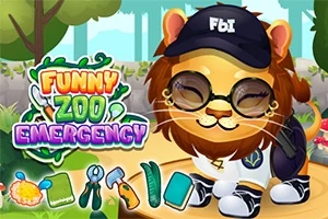 Lev s kloboukem, brýlemi a botami stojící v džungli s nápisem „Funny Zoo Emergency“ a nástroji v popředí