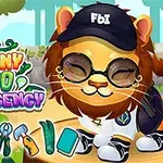 Lev s kloboukem, brýlemi a botami stojící v džungli s nápisem „Funny Zoo Emergency“ a nástroji v popředí