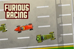 Závodní auta v různých barvách na závodní dráze s nápisem Furious Racing vlevo nahoře