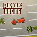 Závodní auta v různých barvách na závodní dráze s nápisem Furious Racing vlevo nahoře