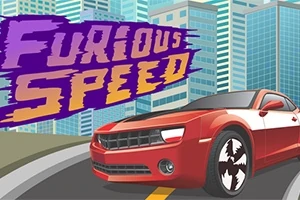 Červené sportovní auto na silnici s moderními mrakodrapy v pozadí a textem Furious Speed nahoře