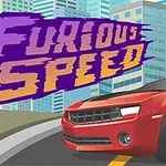 Červené sportovní auto na silnici s moderními mrakodrapy v pozadí a textem Furious Speed nahoře