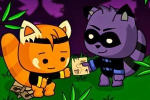Dvě kreslené postavičky, oranžová panda a fialový mýval, stojí na trávě s bambusem a drží mapu na tmavém pozadí