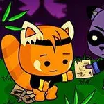 Dvě kreslené postavičky, oranžová panda a fialový mýval, stojí na trávě s bambusem a drží mapu na tmavém pozadí