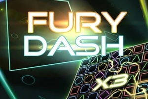 Barevný grafický design s nápisem FURY DASH nad mozaikou geometrických tvarů