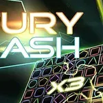 Barevný grafický design s nápisem FURY DASH nad mozaikou geometrických tvarů