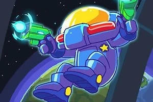 Kosmonaut v modrofialovém skafandru s oranžovou helmou držící zelenou pistoli plující vesmírem s pohledem na Zemi