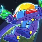 Kosmonaut v modrofialovém skafandru s oranžovou helmou držící zelenou pistoli plující vesmírem s pohledem na Zemi
