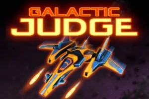 Modrý a oranžový vesmírný stíhač vystřelující rakety na tmavém vesmírném pozadí, s textem GALACTIC JUDGE nahoře