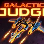 Modrý a oranžový vesmírný stíhač vystřelující rakety na tmavém vesmírném pozadí, s textem GALACTIC JUDGE nahoře