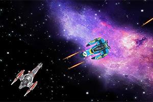 Dva kosmické lodě létající ve vesmíru s hvězdným pozadím a barevnou mlhovinou