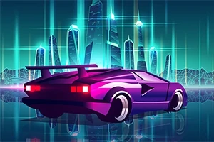 Futuristické město v neonových barvách s růžovým sportovním autem na popředí