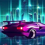 Futuristické město v neonových barvách s růžovým sportovním autem na popředí