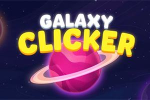 Nadpis Galaxy Clicker v jasně osvětlených písmenech nad růžovou planetou s prstencem na hvězdném pozadí