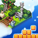 Barevné bloky ve tvaru T na modrém pozadí s bílými mraky vedle zahrady s lavičkou, sochou a stromy