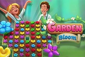 Usměvavý muž a žena stojí za hracím polem s květinami v pestrých barvách s logem Garden Bloom