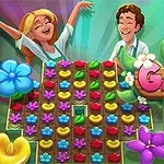 Usměvavý muž a žena stojí za hracím polem s květinami v pestrých barvách s logem Garden Bloom