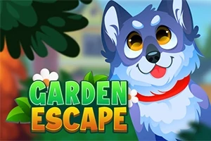 Roztomilý kreslený pes s červeným obojkem vedle barevného nápisu „Garden Escape“ na pozadí zahrady