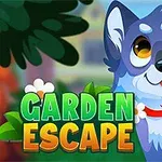 Roztomilý kreslený pes s červeným obojkem vedle barevného nápisu „Garden Escape“ na pozadí zahrady