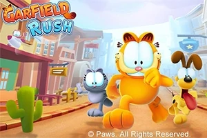 Garfield, modrý kocour a pes běží po ulici mezi budovami a kaktusy