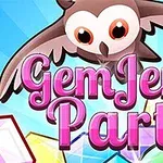 Nápis Gem Jem Party v růžové barvě se sovou nahoře a barevnými drahokamy v pozadí