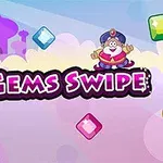 Barevné drahokamy, kreslená postavička na létajícím koberci a nápis Gems Swipe na pozadí pohádkového paláce