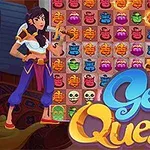 Dva kreslení postavy před herní obrazovkou s barevnými džbány, lebkami a nápisem Genie Quest