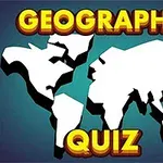 Mapa světa ve stylu stínového obrazu s nápisem Geography Quiz nahoře a dole na modrém pozadí