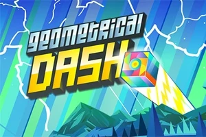 Barevný geometrický motiv s nápisem GEOMETRICAL DASH a kostkou s duhovým vzorem v pohybu na modrozeleném pozadí