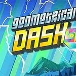 Barevný geometrický motiv s nápisem GEOMETRICAL DASH a kostkou s duhovým vzorem v pohybu na modrozeleném pozadí