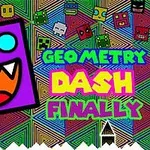 Fialový čtvercový obličej s jasně modrýma očima a oranžovými ústy na pestrobarevném geometrickém pozadí s textem GEOMETRY DASH FINALLY